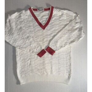 Vintage Izod Sport White V-Neck  Textured Knit Tennis Sweater Classic Large boxy